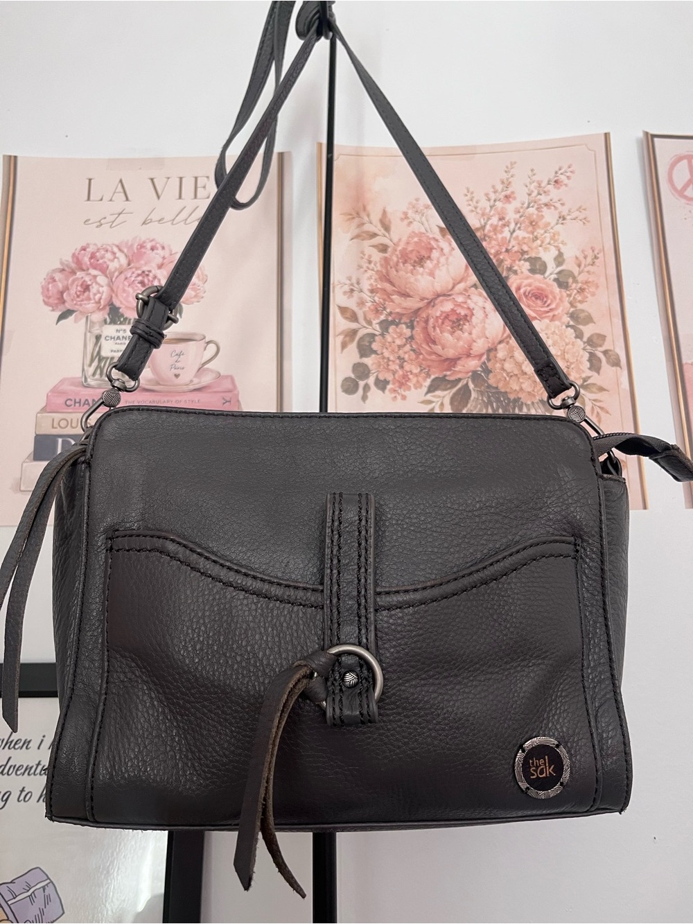 The Sak Black Leather Crossbody Shoulder Bag Boho Multi Pocket